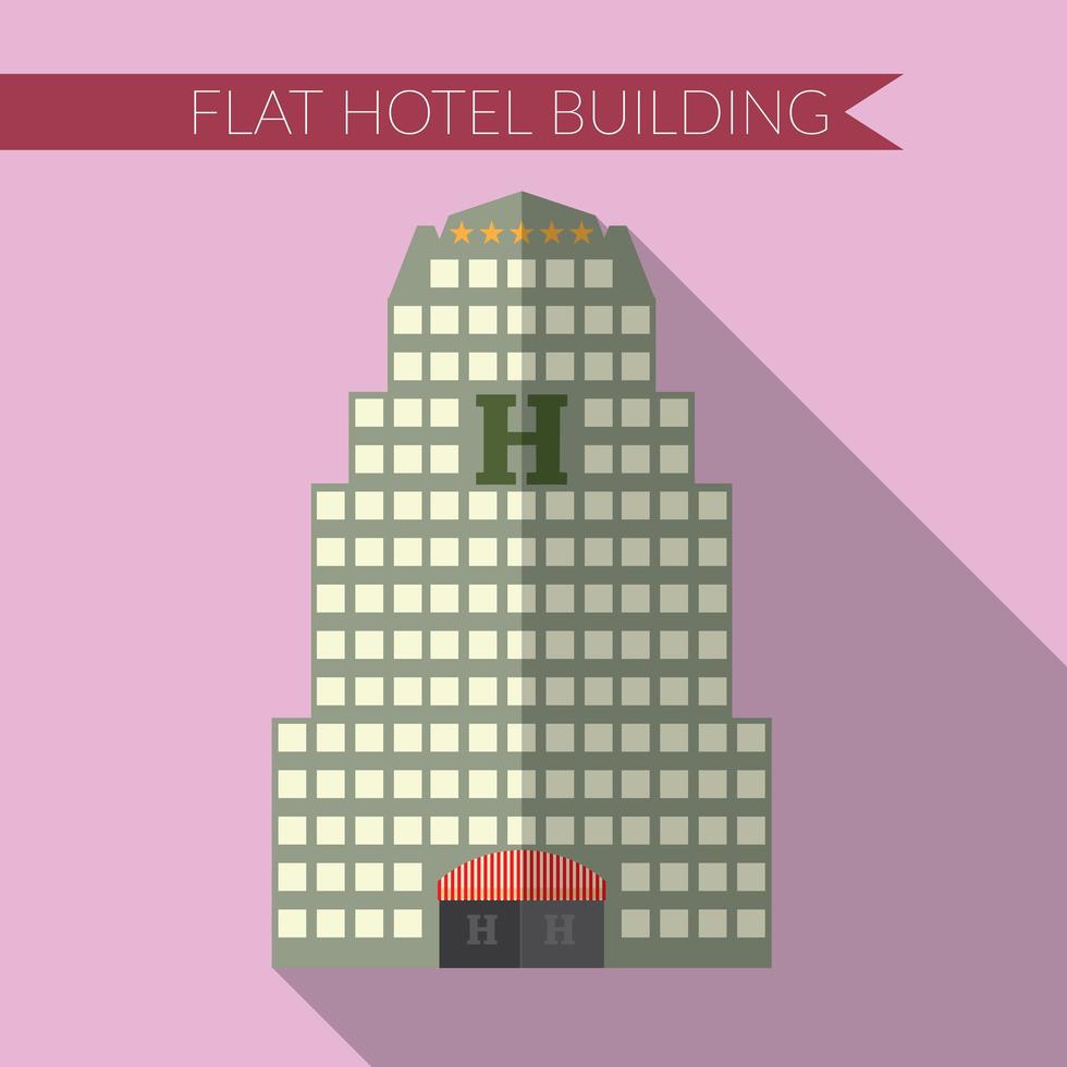 Flat design modern vector illustration of hotel building icon, with long shadow on color background