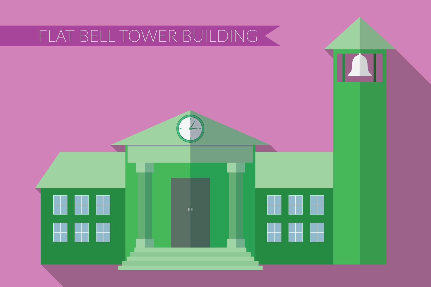 Flat design modern vector illustration of building with bell tower icon, with long shadow on color background