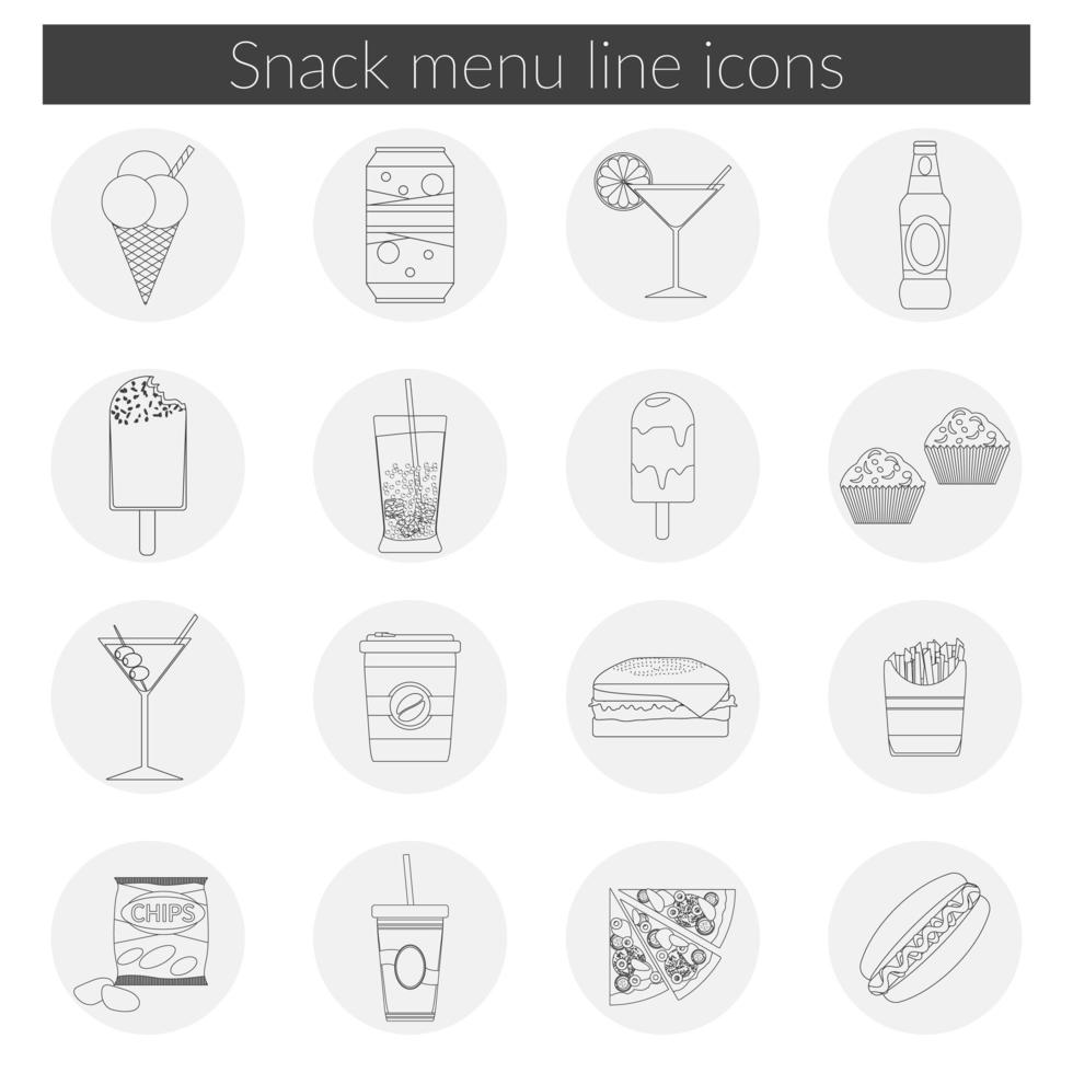 Los iconos de línea de menú de aperitivos establecen ilustración vectorial de comida, bebida, café, hamburguesa, pizza, cerveza, cóctel, comida rápida, cola, helado, papas fritas, iconos de dulces con sombra larga vector