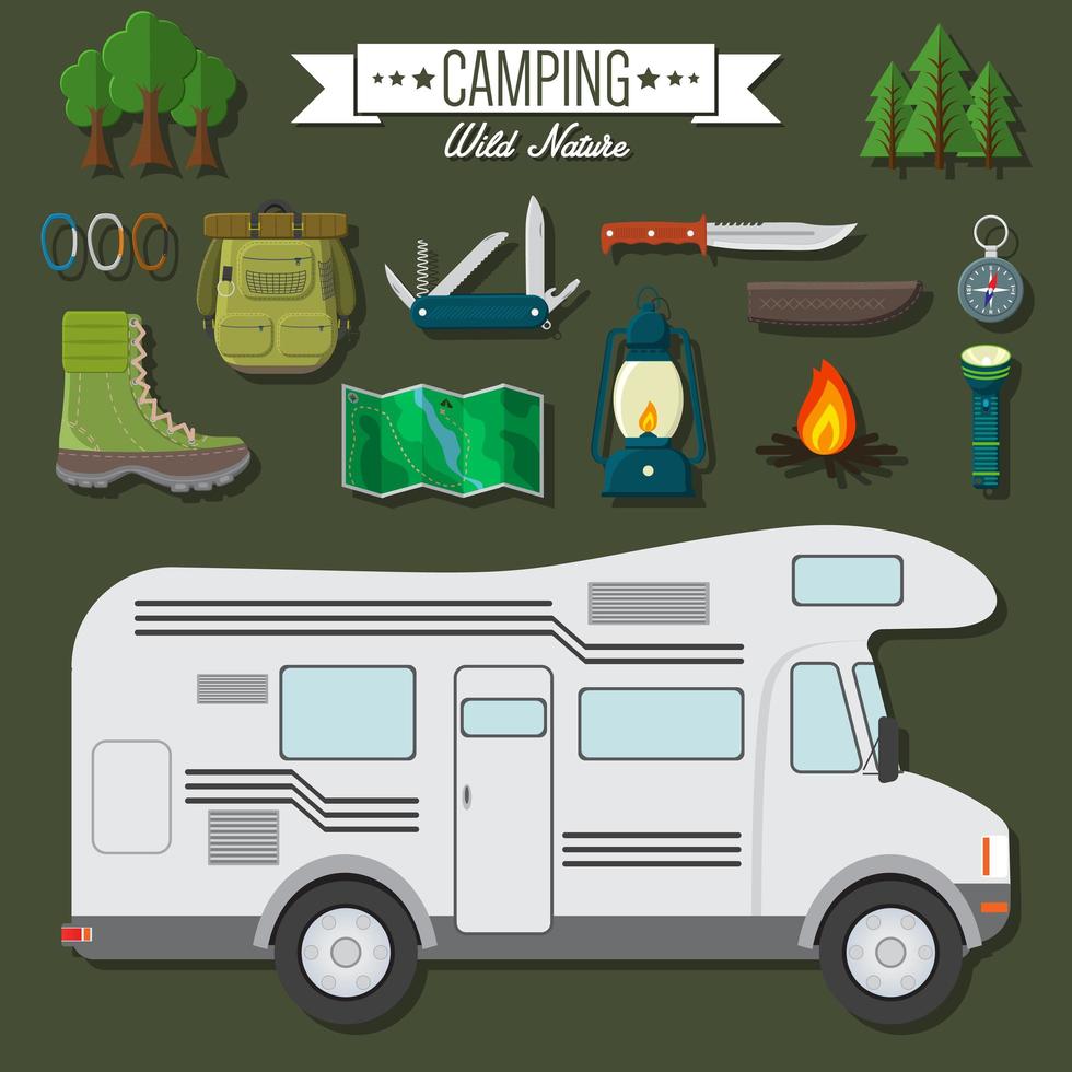 Flat design modern vector illustration of travel and vacation set. Camping and hiking equipment items, car RV, knife and backpack, hiking boots, lantern and bonfire, map and compass, trees and flashlight