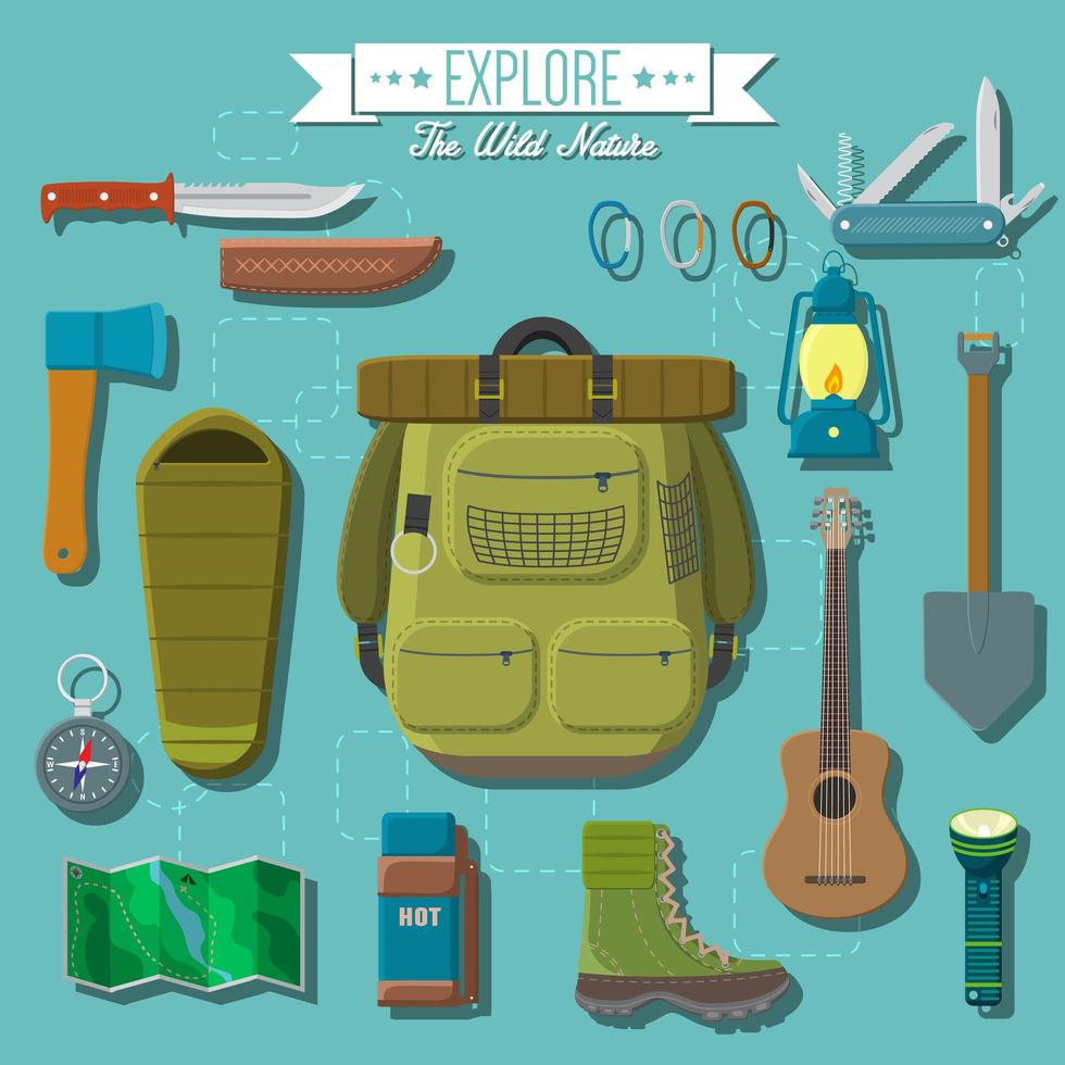 Flat design modern vector illustration of camping and hiking equipment set. Travel and vacation items, knife and axe, backpack and hiking boots, lantern and guitar, sleeping bag, map and compass