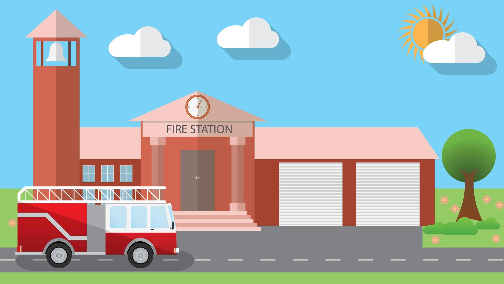 Ilustración de vector de diseño plano del edificio de la estación de bomberos y camión de bomberos estacionado en estilo de diseño plano, ilustración vectorial