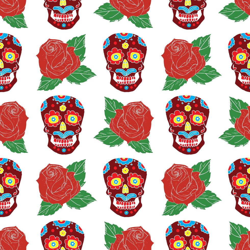 Día de los muertos de patrones sin fisuras, calaveras de azúcar dibujadas a mano y fondo de rosas, ilustración vectorial vector