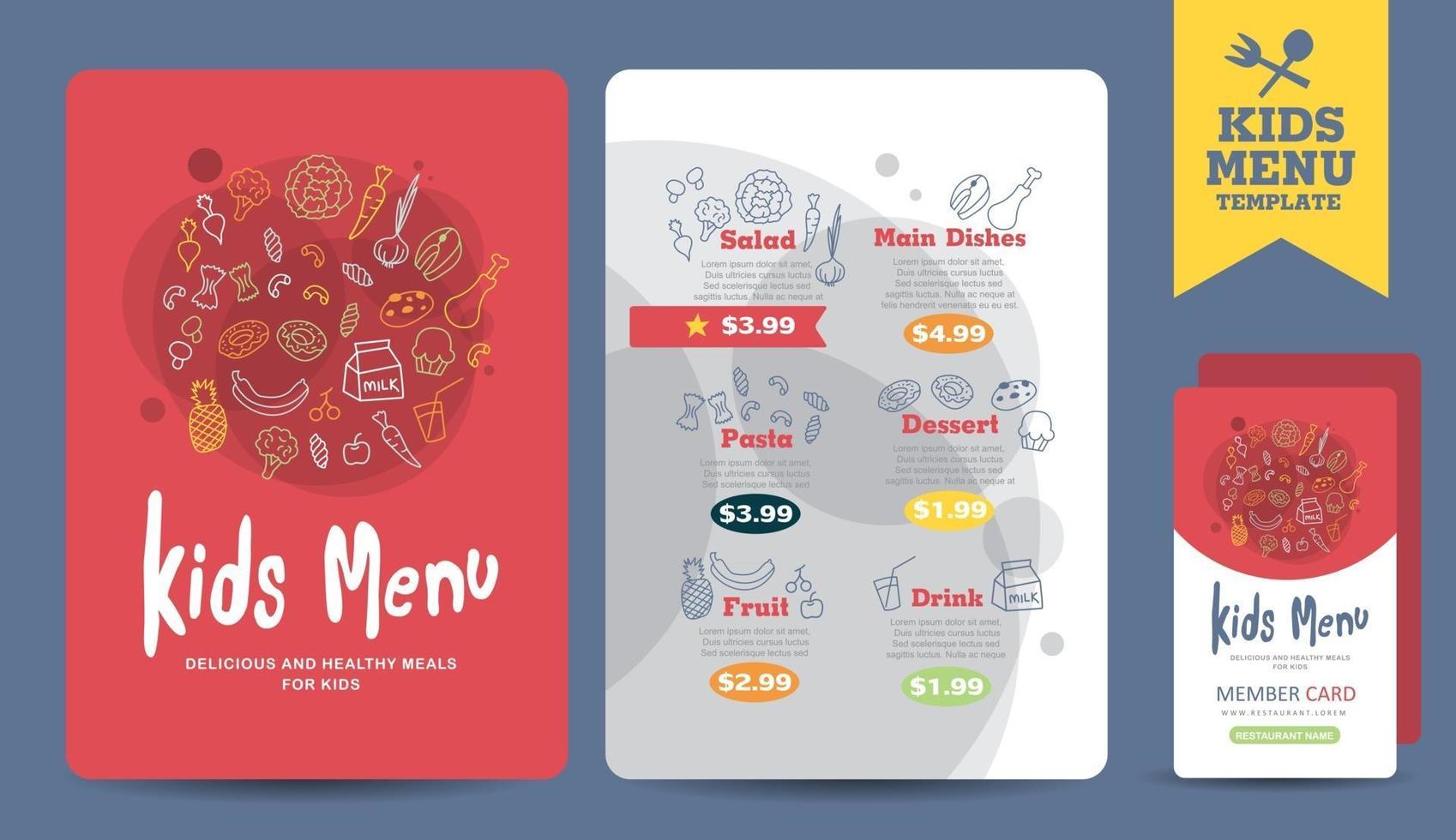 Cute colorful kids meal menu vector template