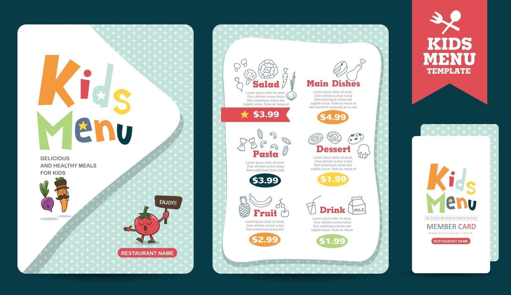 Cute colorful kids meal menu vector template