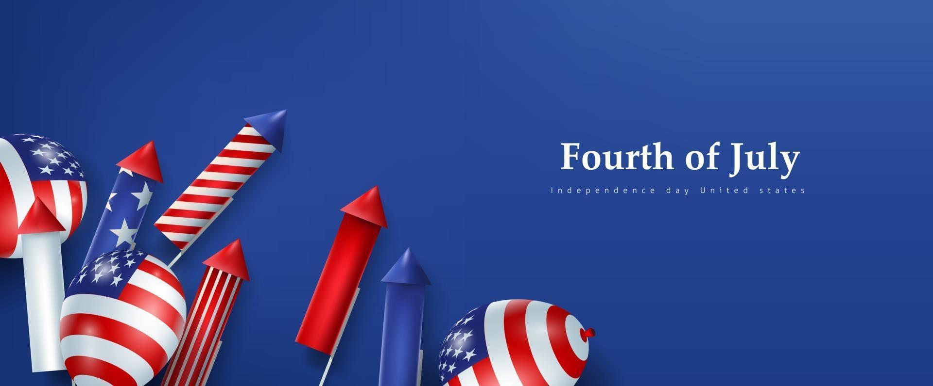 Independence day USA banner template rockets for fireworks and balloons background vector