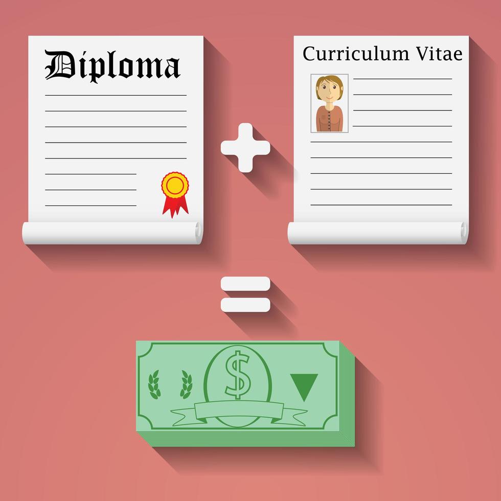 Flat design vector illustration concept of diploma, resume and cash. Concepts for money earnings formula