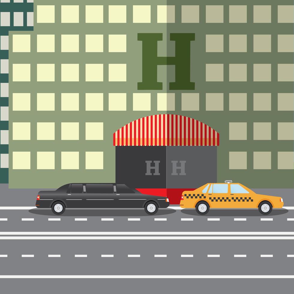 Flat design vector illustration concept for City Hotel and parked taxi and limousine, sityskape