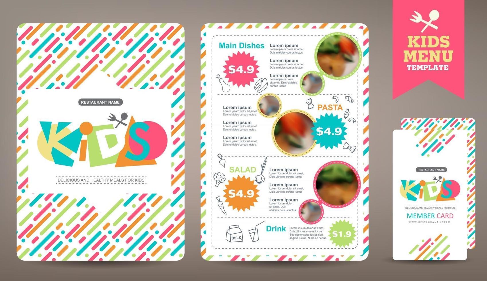 Cute colorful kids meal menu vector template