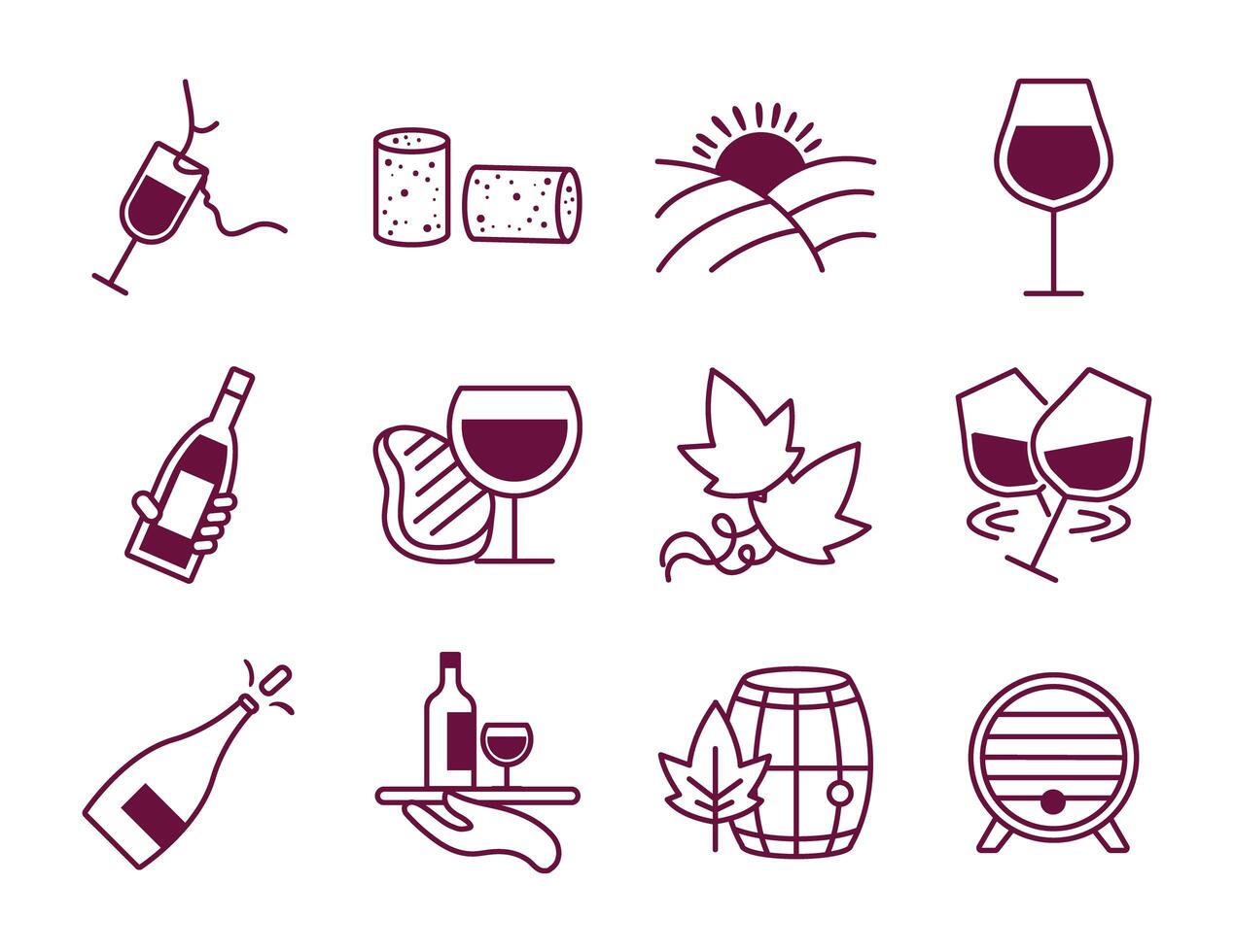 paquete de doce iconos de vino vector