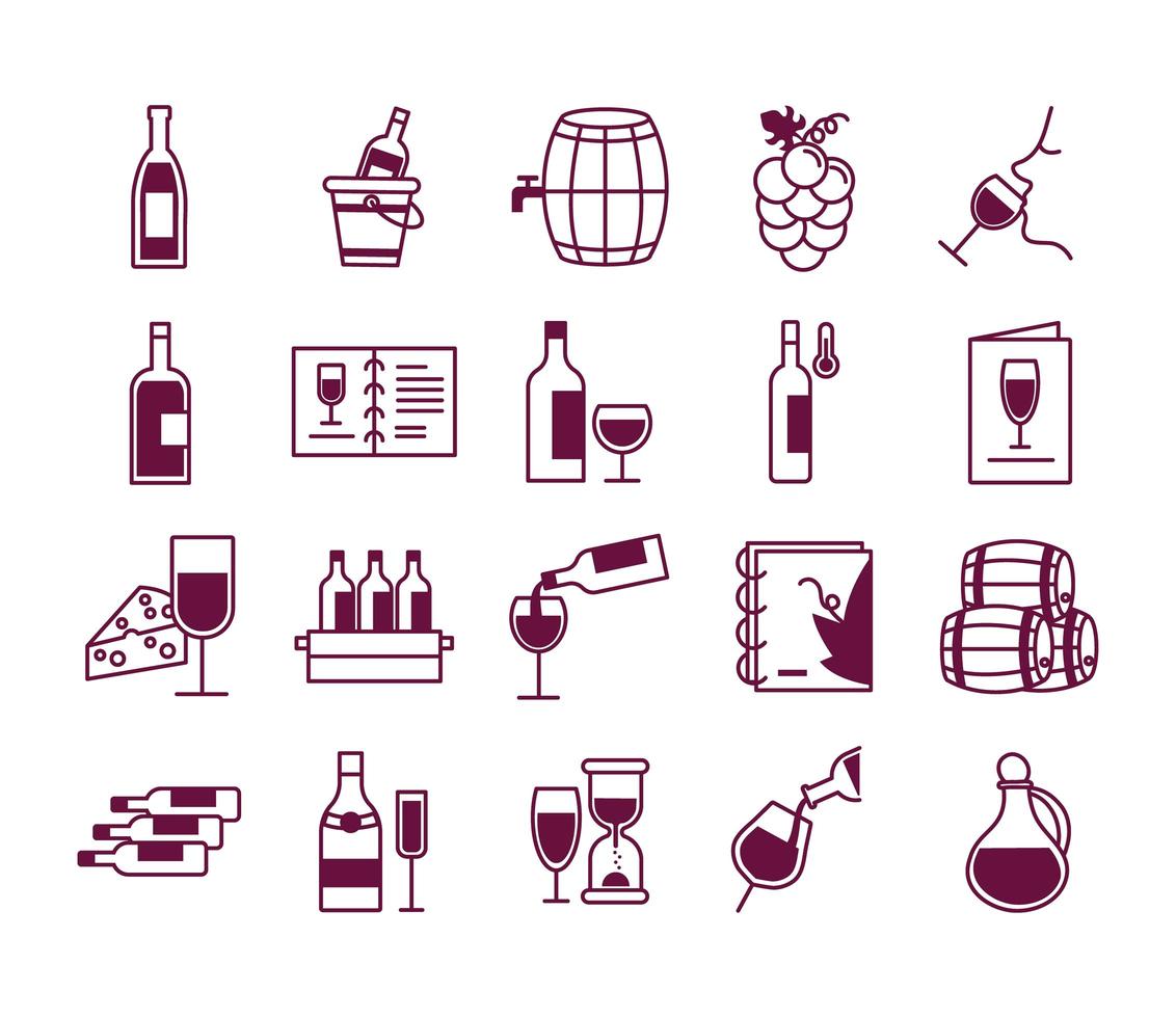 paquete de veinte vino set iconos vector