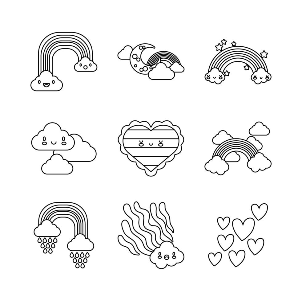 bundle of nine rainbows and kawaii characters icons vector
