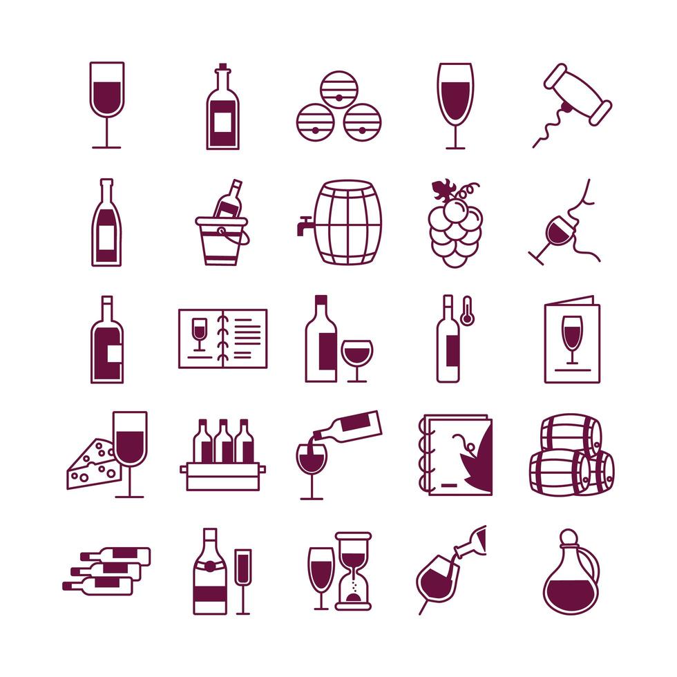 Paquete de veinticinco iconos de colección de set de vino vector