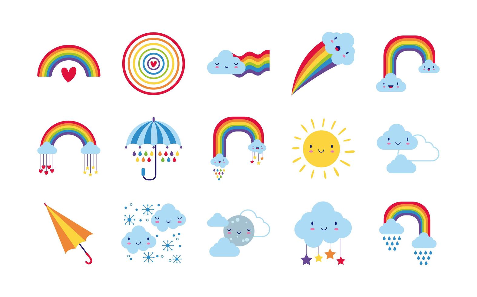 bundle of fifteen rainbows and kawaii characters icons vector