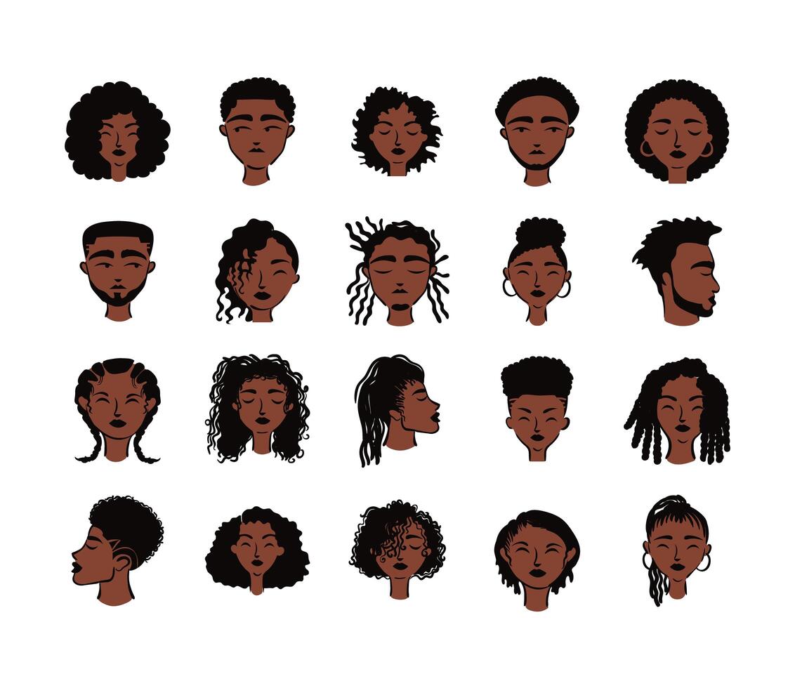 veinte personajes de avatares de personas étnicas afro vector