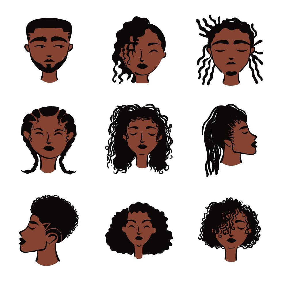 grupo de nueve personajes de avatares de personas de etnia afro vector