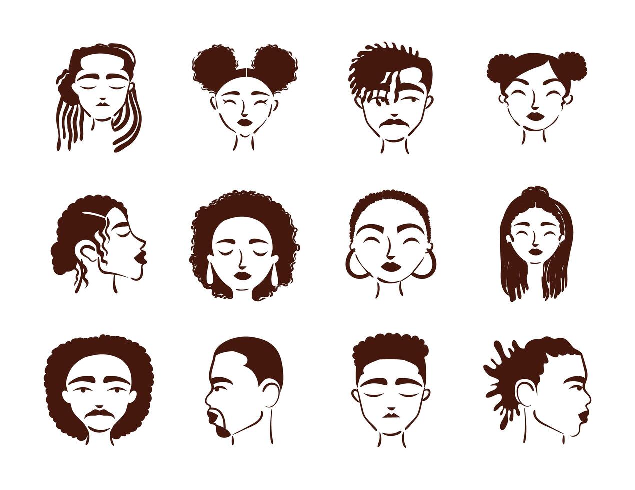 group of twelve afro ethnic people avatars characters vector