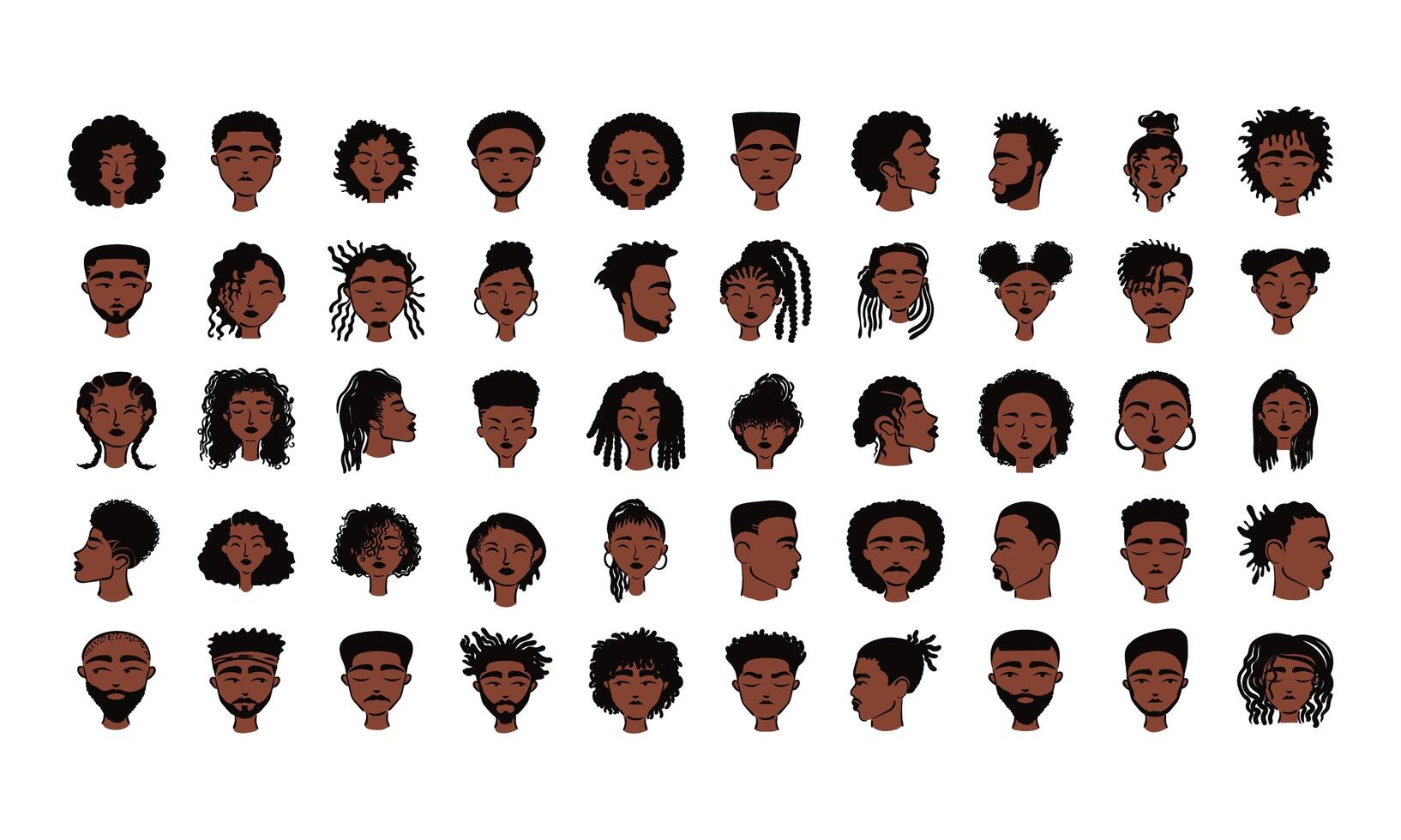 grupo de cincuenta personajes de avatares de personas étnicas afro vector