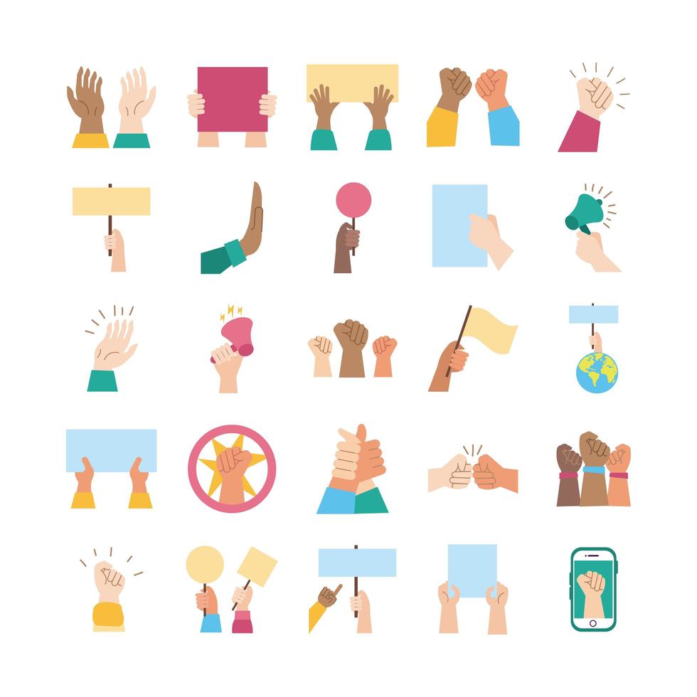 bundle of hands protest set icons vector