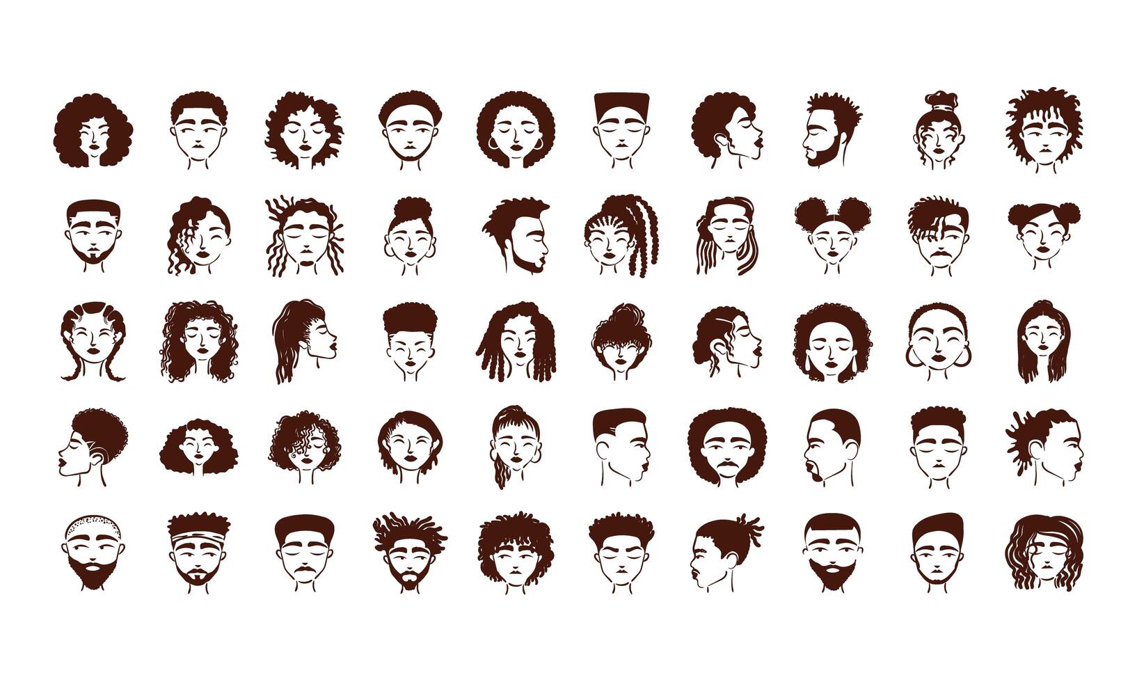 grupo de cincuenta personajes de avatares de personas étnicas afro vector