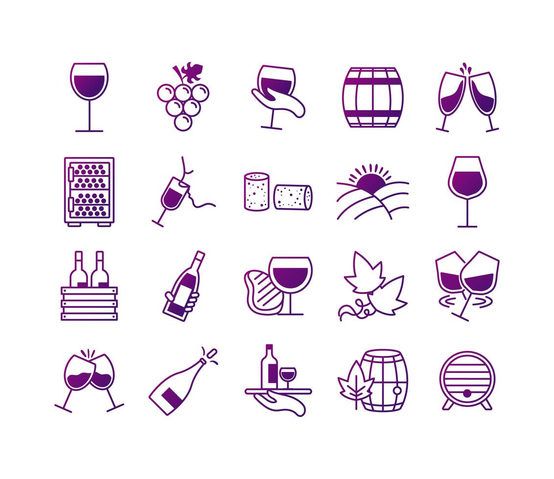 Paquete de veinte iconos de colección de set de vino vector