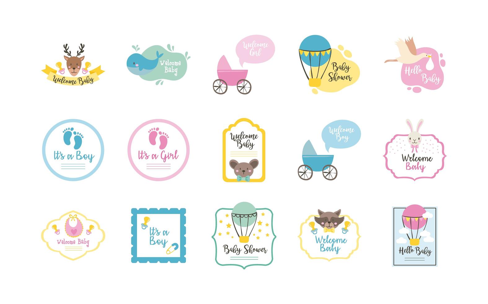 bundle of fifteen baby shower set icons vector