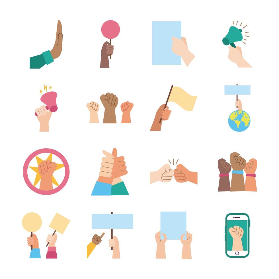 bundle of hands protest set icons vector