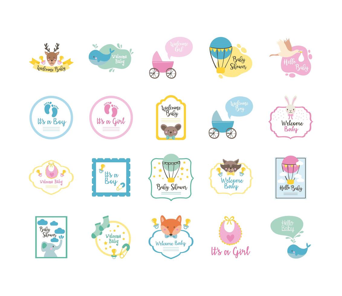 bundle of twenty baby shower set icons vector