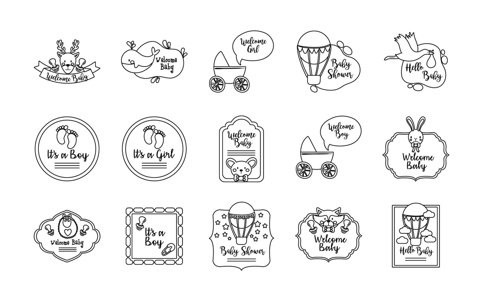 bundle of fifteen baby shower set icons vector
