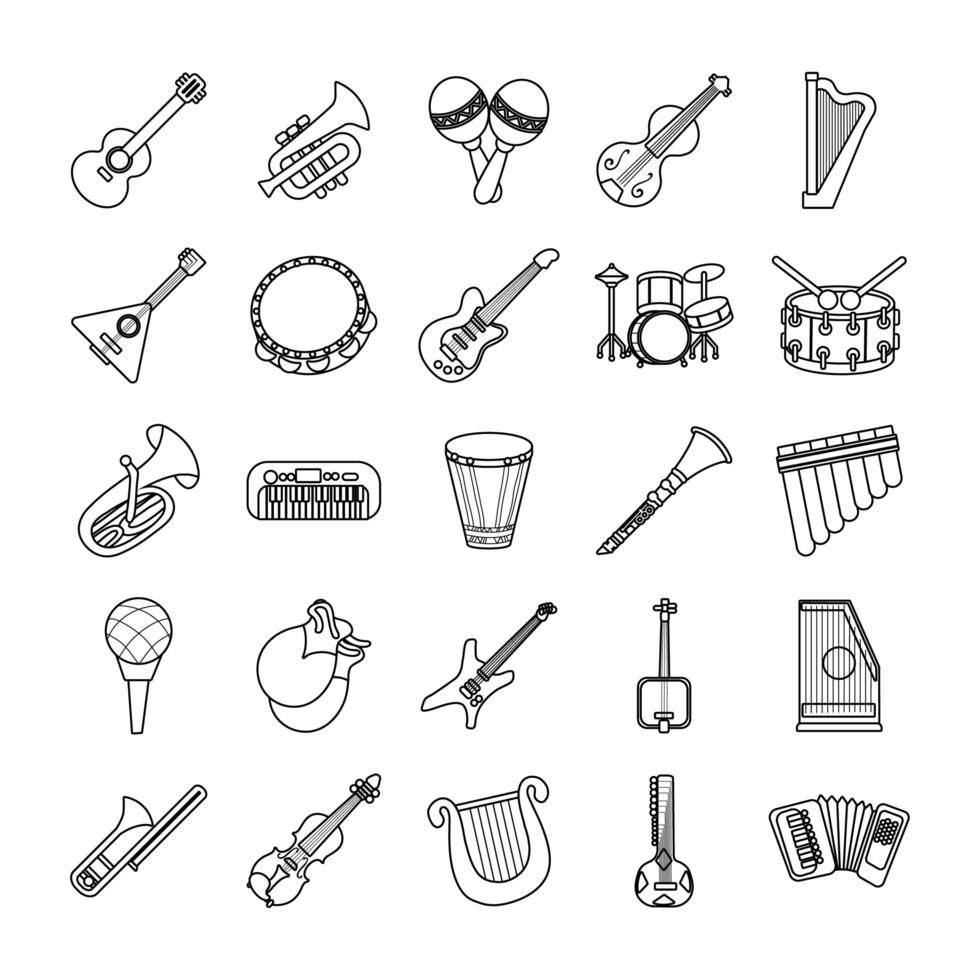 bundle of twenty five musical instruments set collection icons vector