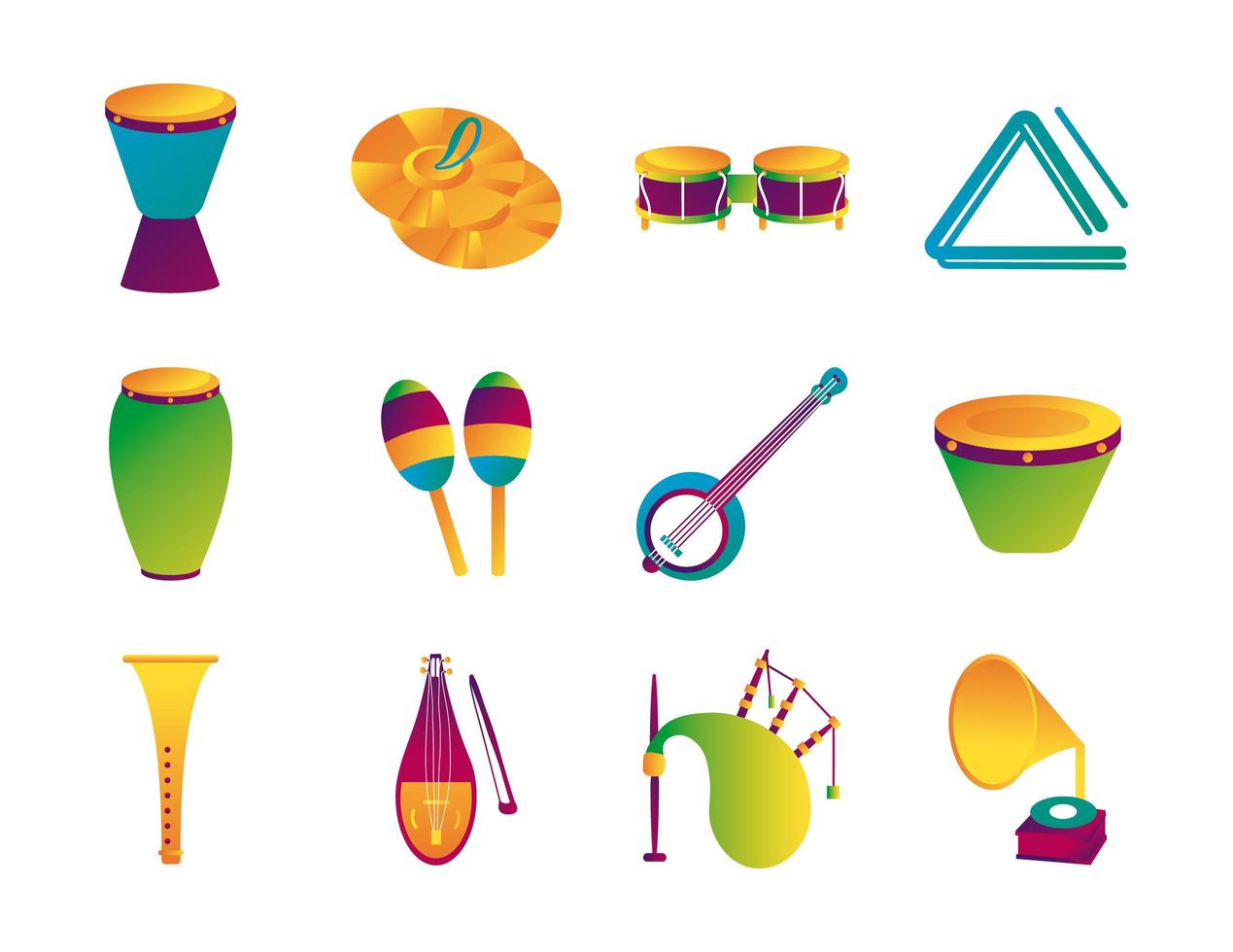paquete de doce instrumentos musicales establecer iconos vector