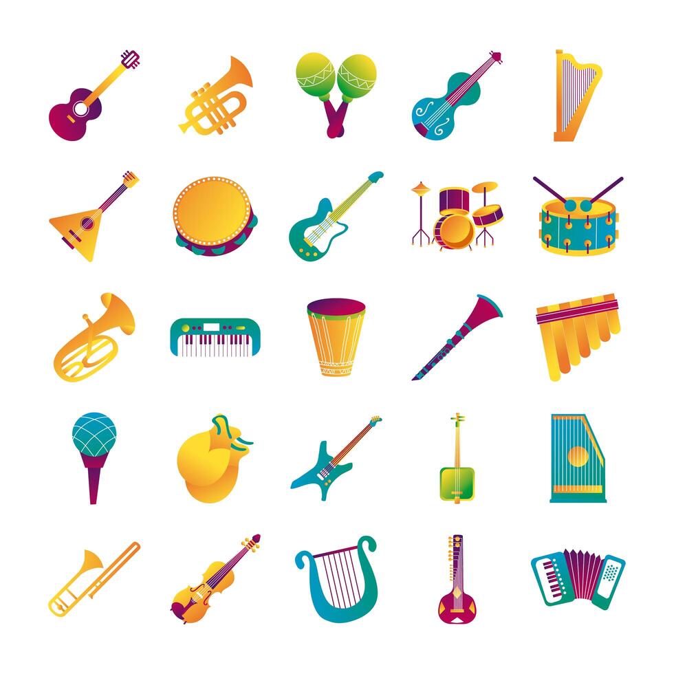 Paquete de veinticinco instrumentos musicales set iconos de colección vector