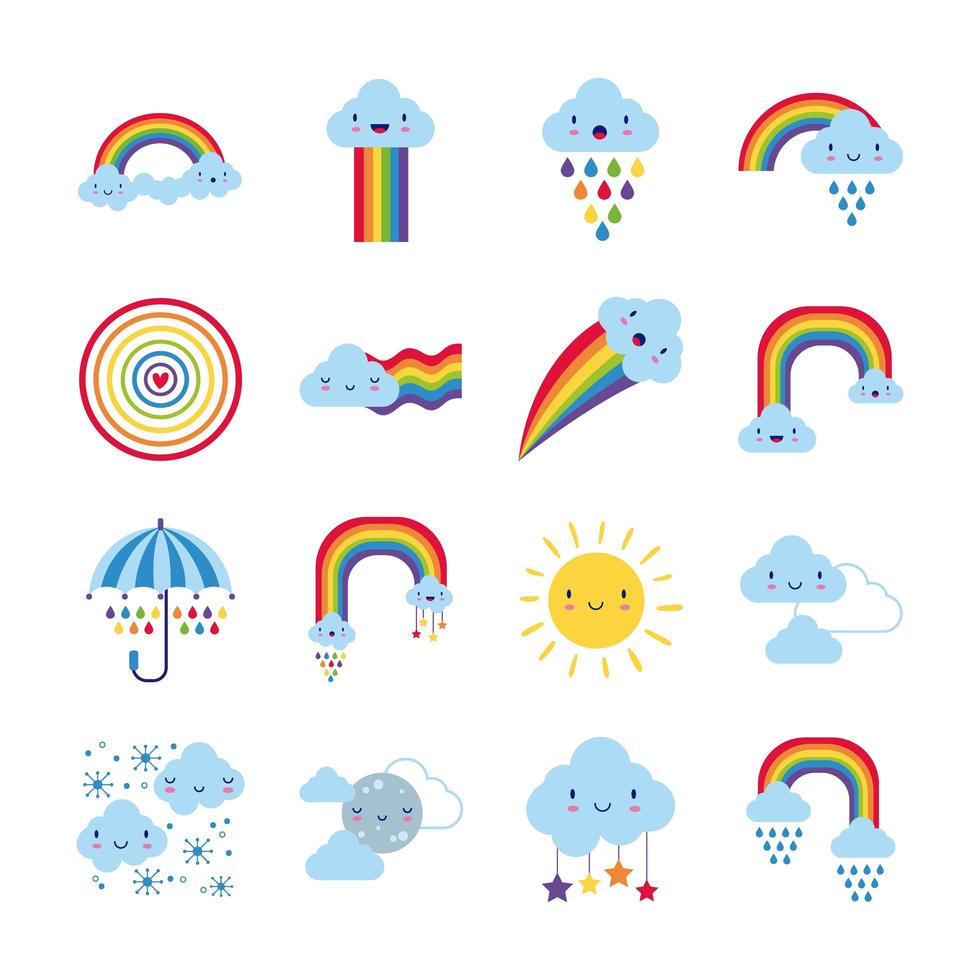 bundle of sixteen rainbows and kawaii characters icons vector