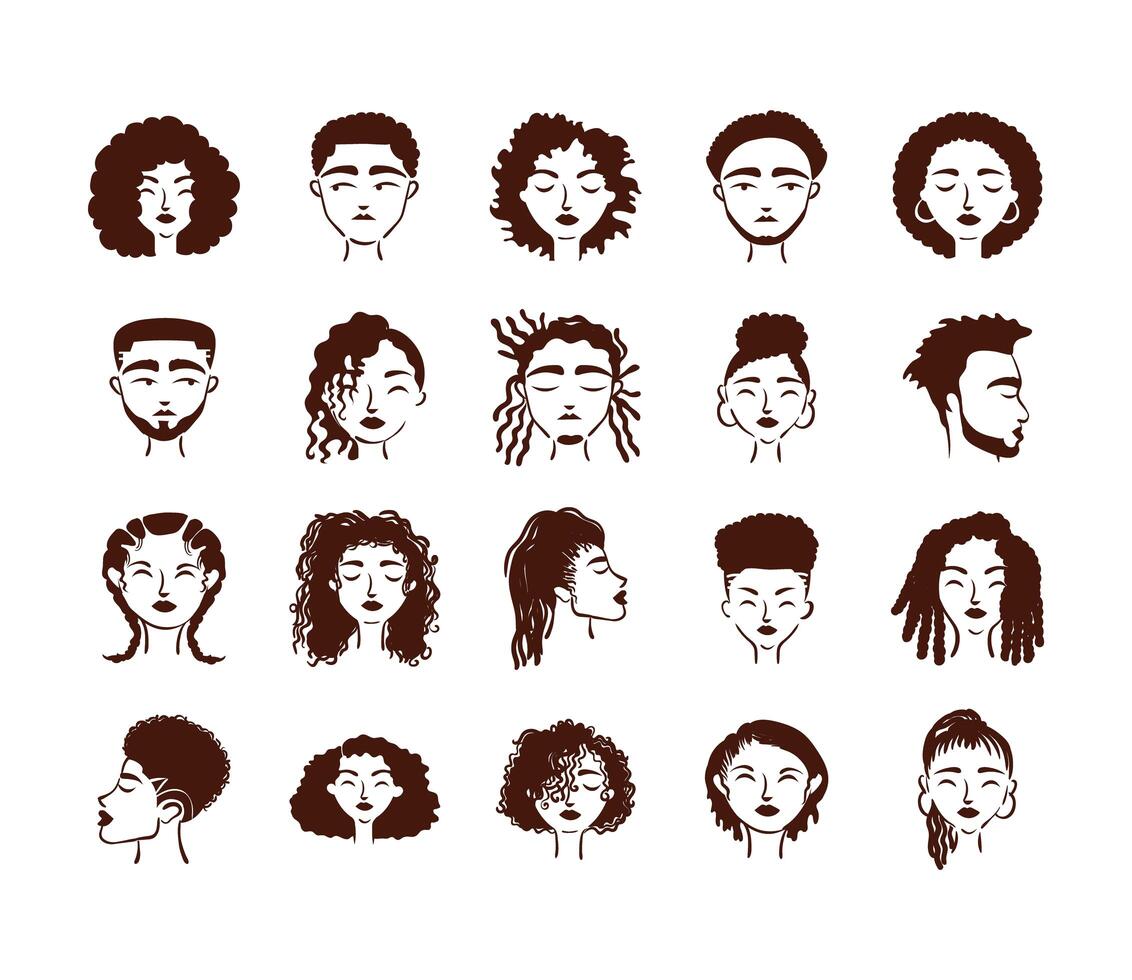 veinte personajes de avatares de personas étnicas afro vector