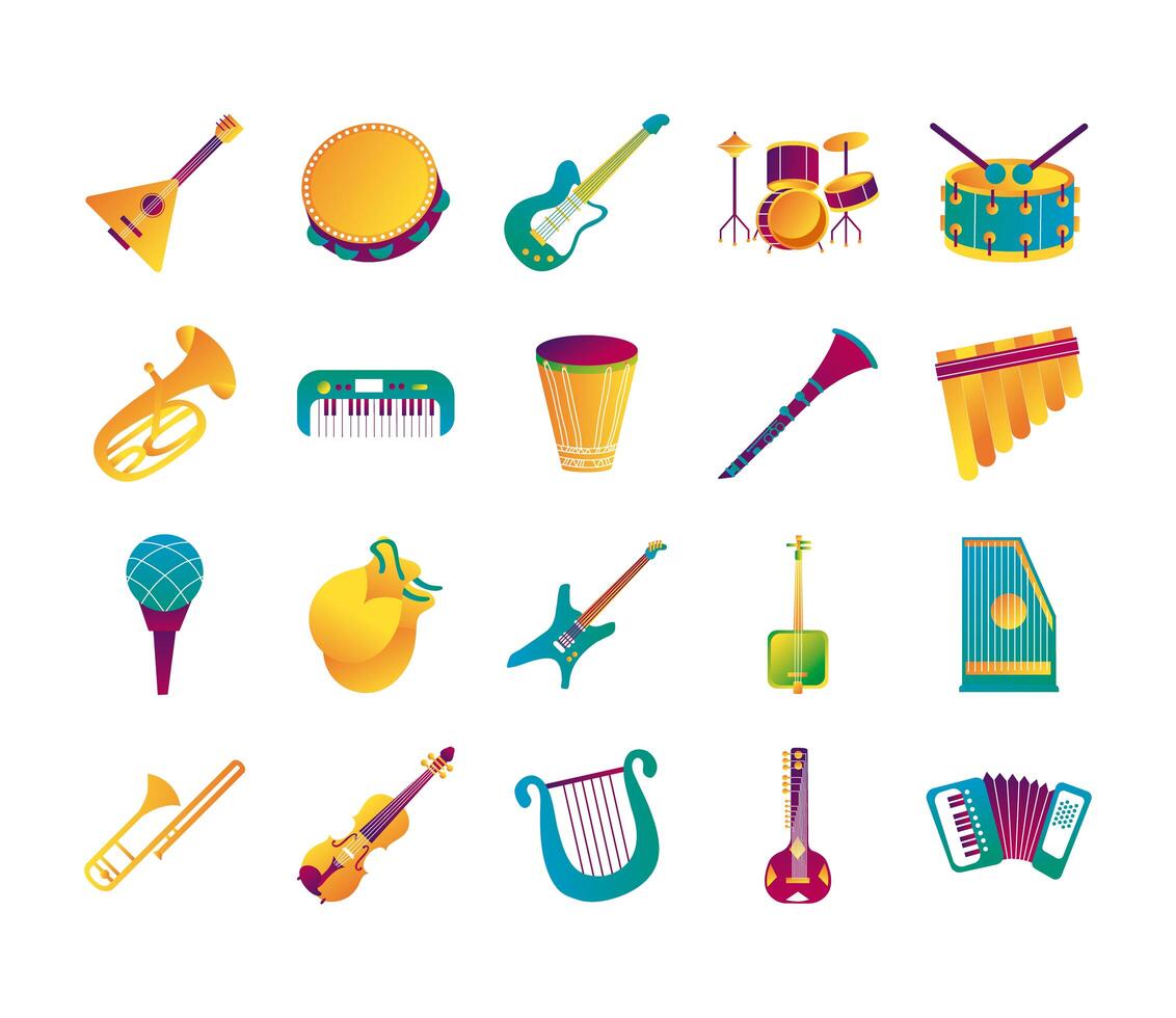 bundle of twenty musical instruments set icons vector