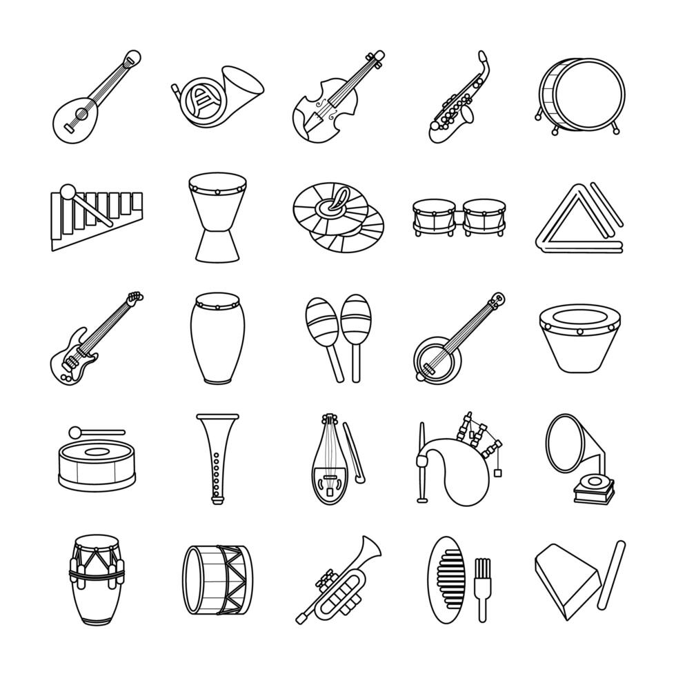 bundle of twenty five musical instruments set icons vector