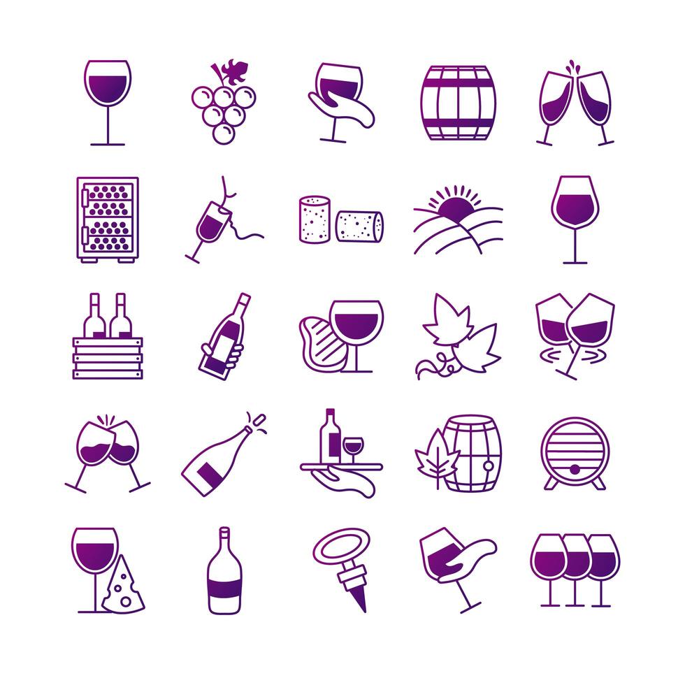 Paquete de veinticinco iconos de colección de set de vino vector