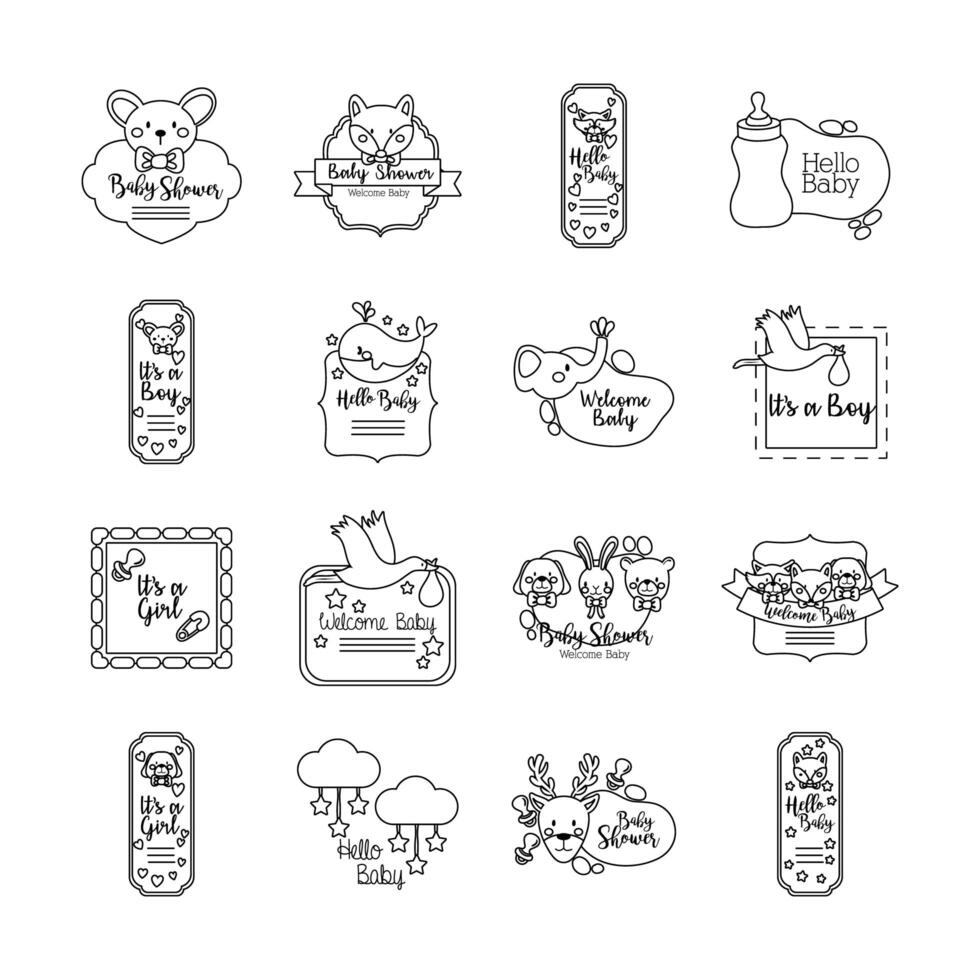 paquete de dieciséis iconos de set de baby shower vector