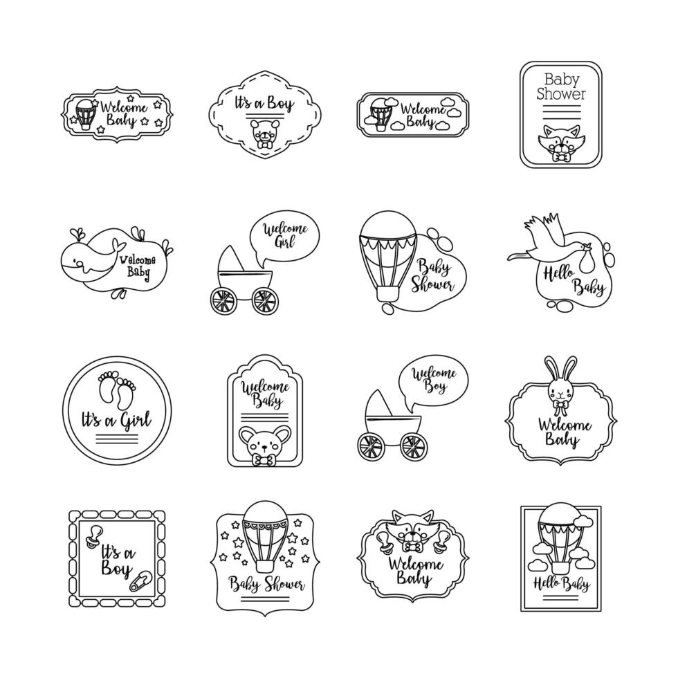 bundle of sixteen baby shower set collection icons vector