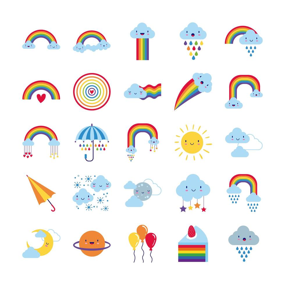 paquete de veinticinco arcoíris y personajes kawaii vector