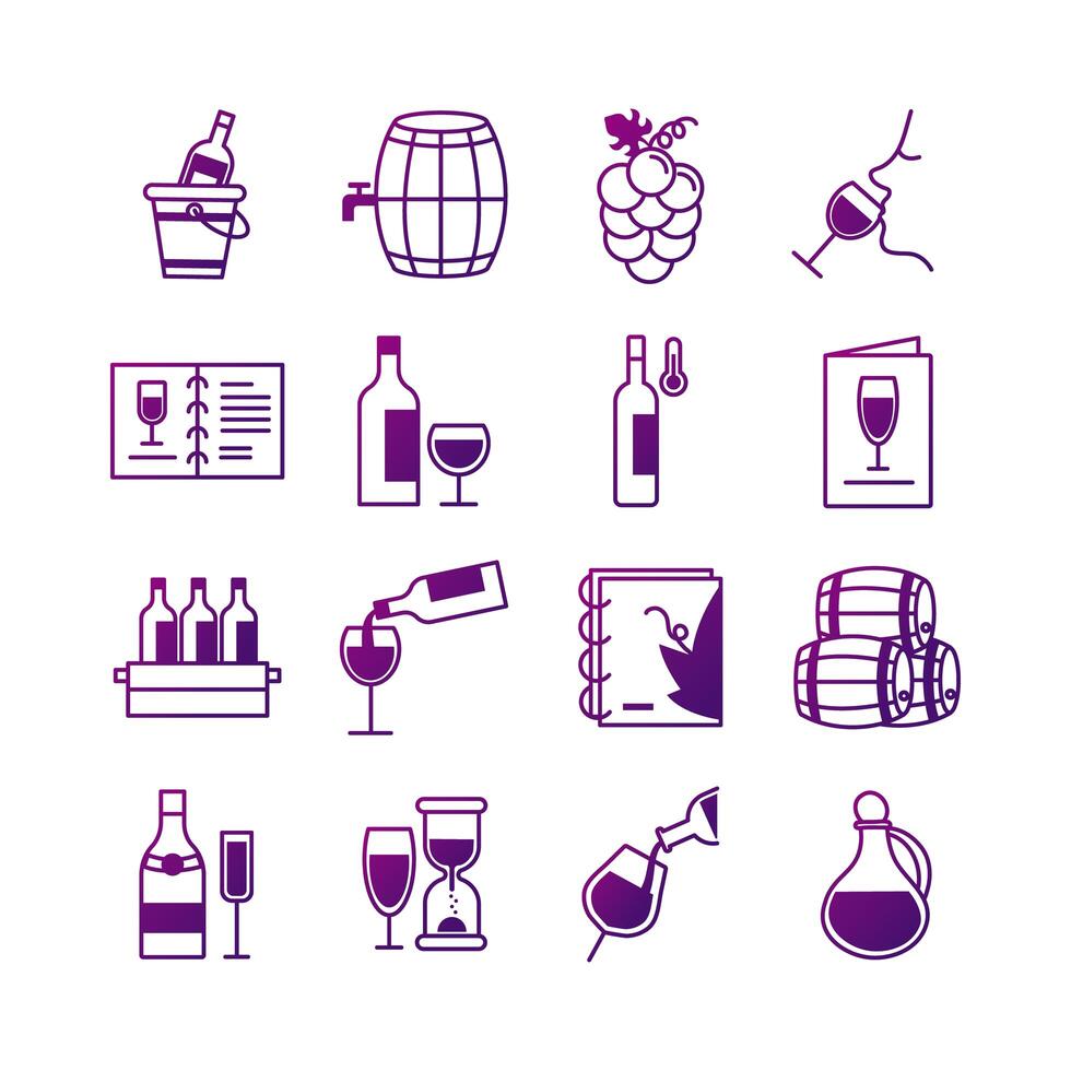 Paquete de dieciséis iconos de colección de set de vino vector