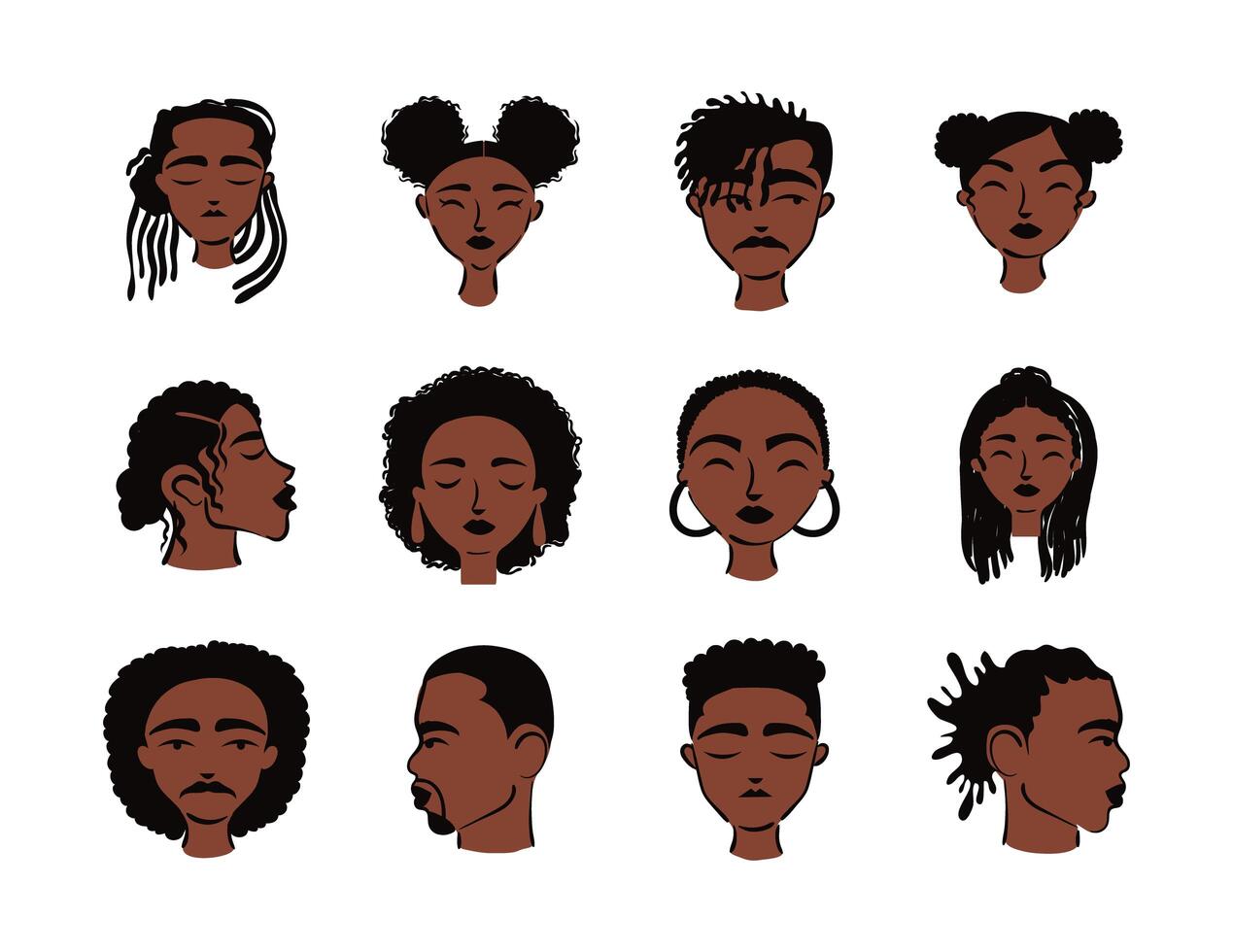 grupo de doce personajes de avatares de personas de etnia afro vector