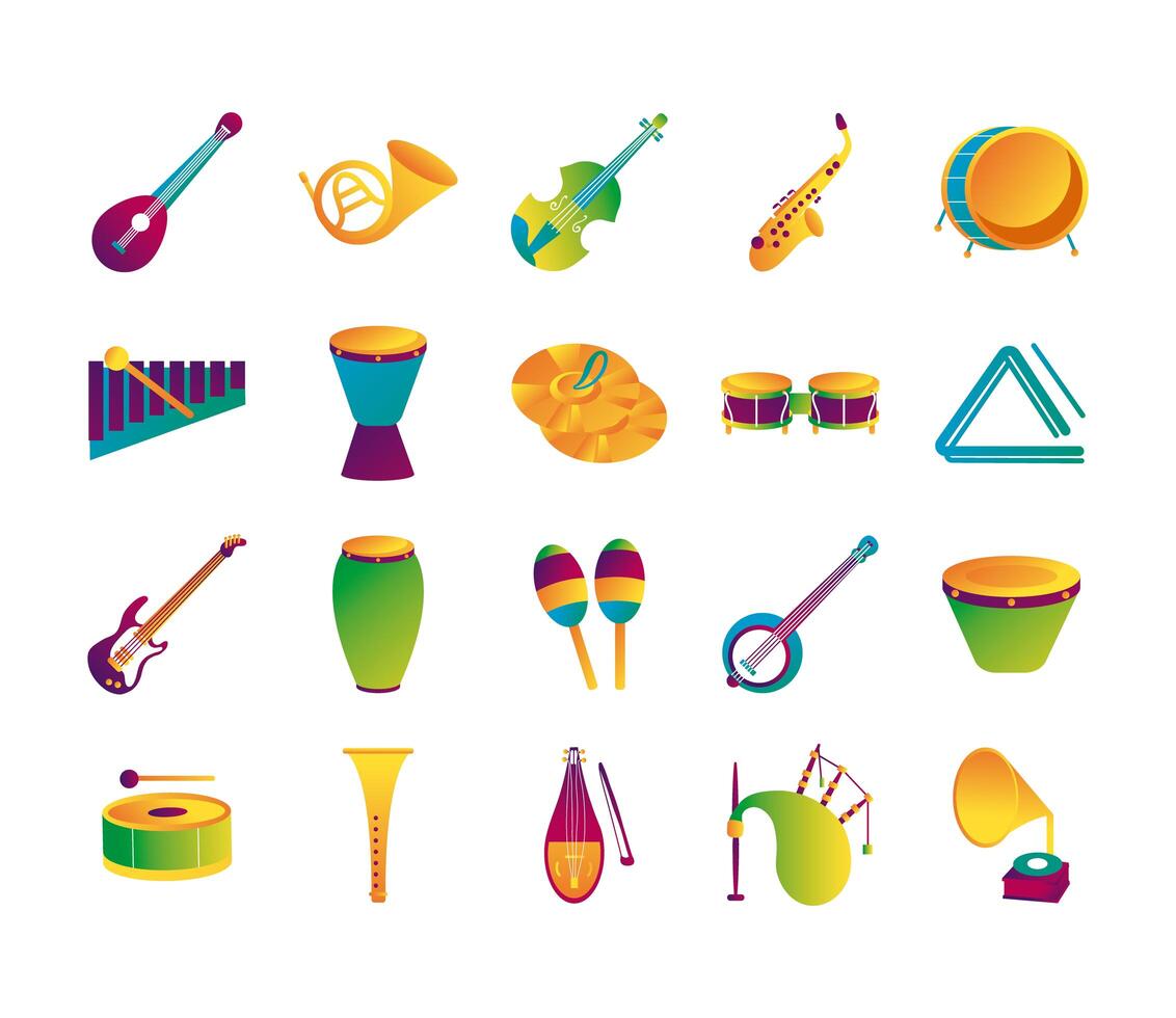 Paquete de veinte instrumentos musicales set iconos de colección vector