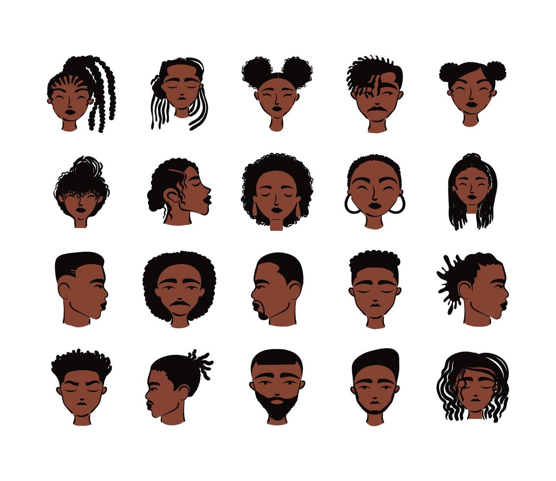 grupo de veinte personajes de avatares de personas de etnia afro vector