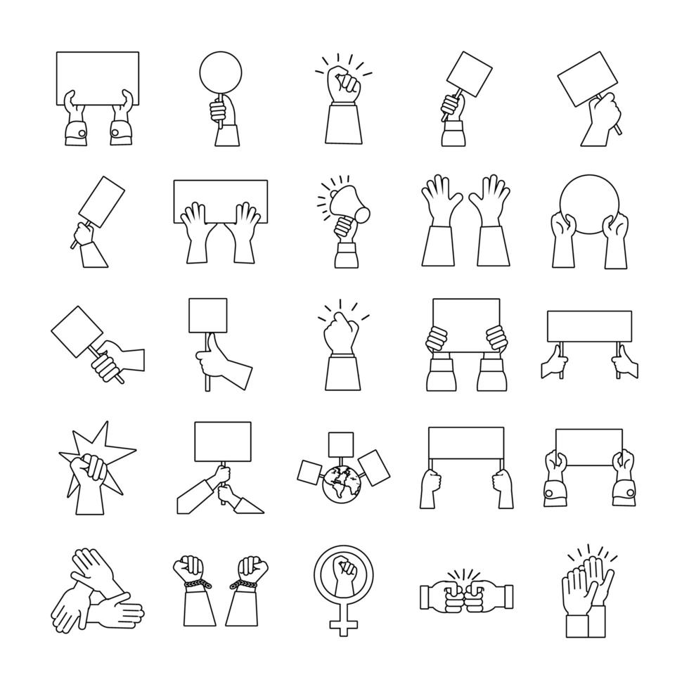 bundle of hands protest set icons vector