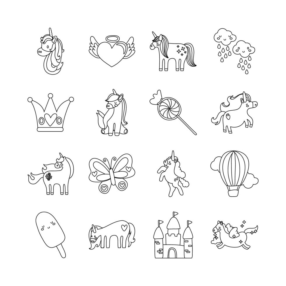 paquete de iconos de conjunto de unicornio de cuento de hadas vector