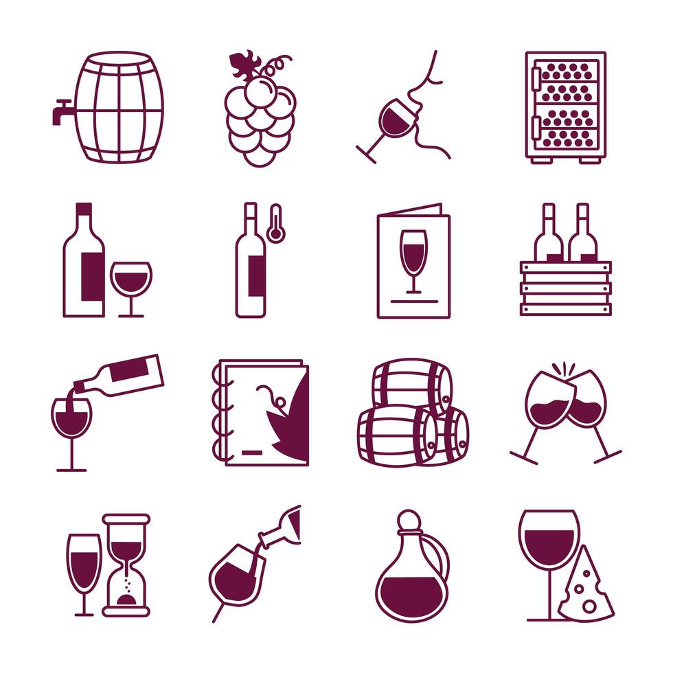 Paquete de dieciséis iconos de colección de set de vino vector