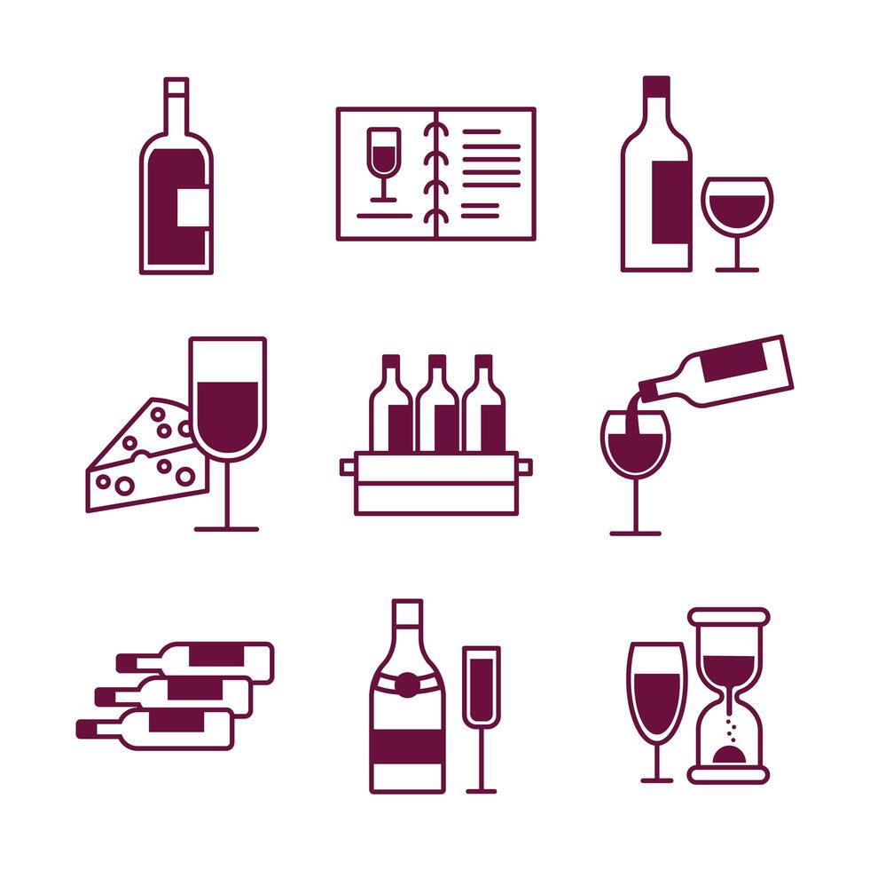 bundle of nine wine set icons vector