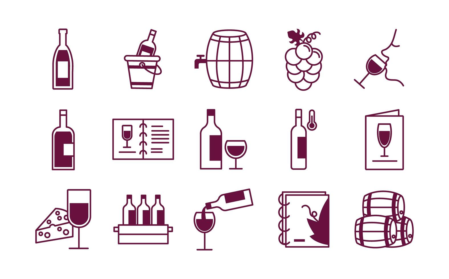 bundle of fifteen wine set icons vector