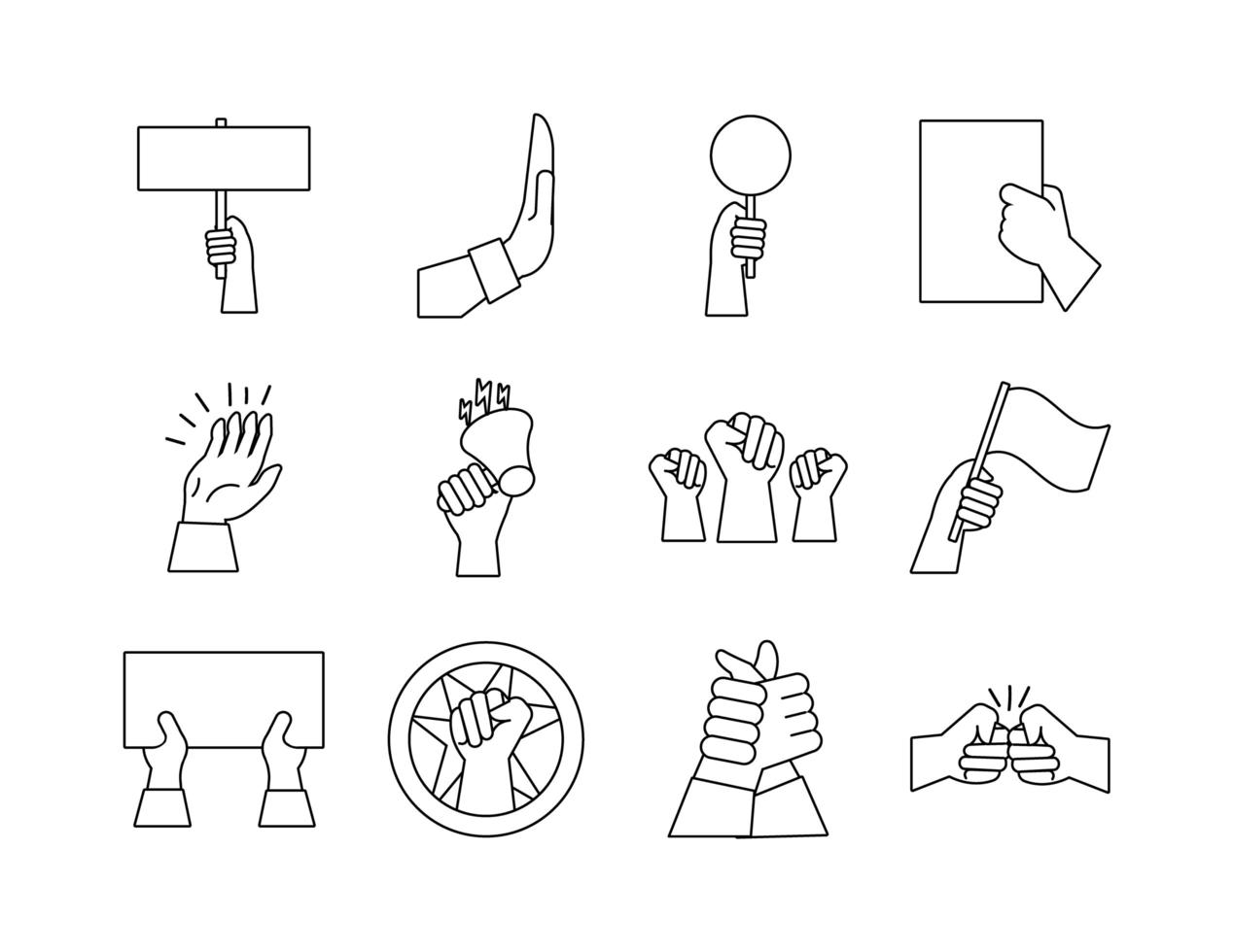 bundle of hands protest set icons vector